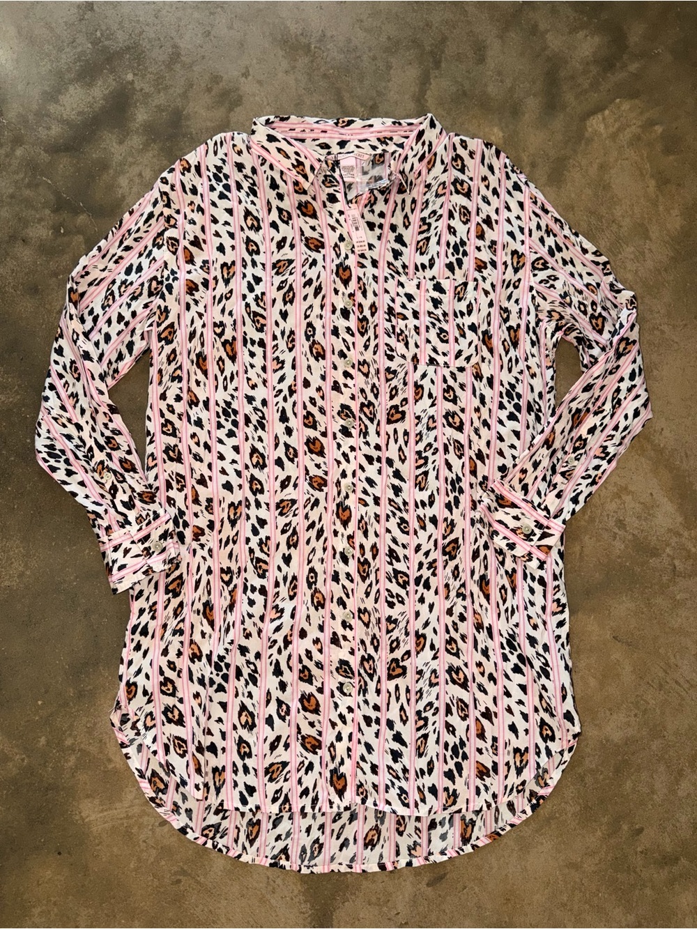 NWT Victoria’s Secret Leopard Stripe Button Down Sleep Shirt L Cotton